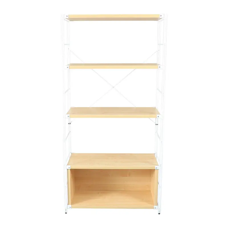 LeisureMod Brentwood Etagere Bookcase with White Powder Coated Steel Frame and Melamine Board Shelves