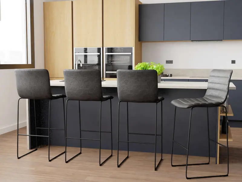 LeisureMod Brooklyn 29.9" Modern Leather Bar Stool With Black Iron Base & Footrest