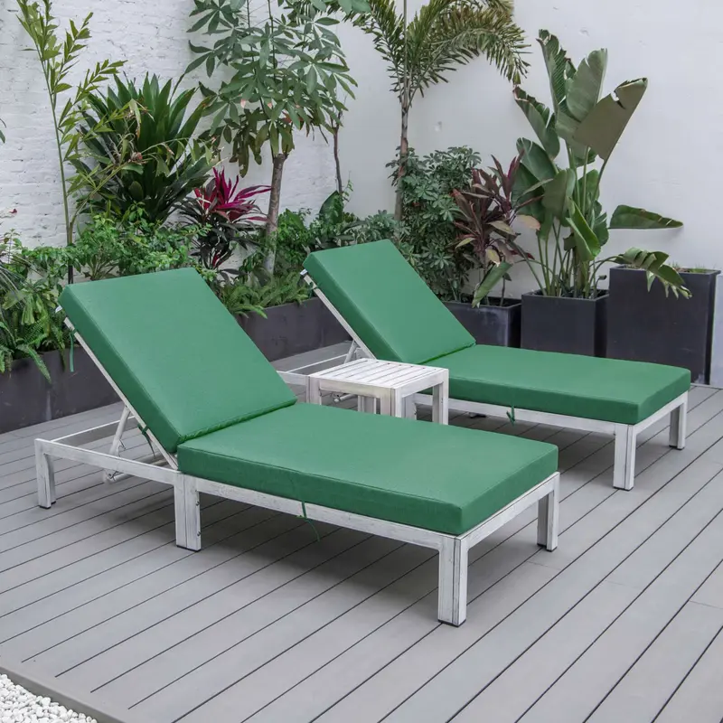 LeisureMod Chelsea Modern Outdoor Weathered Grey Chaise Lounge Chair Set of 2 With Side Table & Cushions
