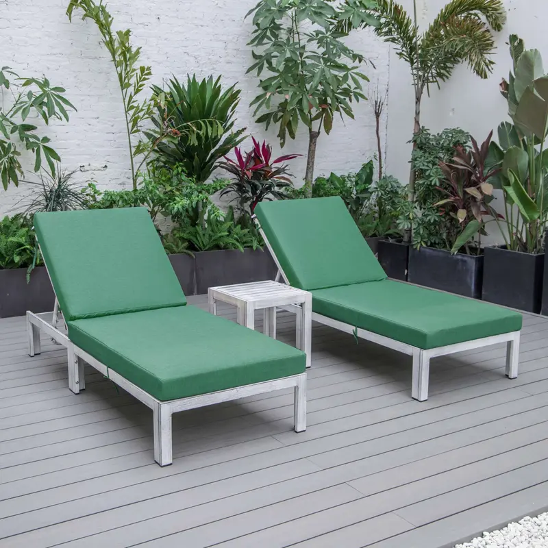 LeisureMod Chelsea Modern Outdoor White Chaise Lounge Chair Set of 2 With Side Table & Cushions
