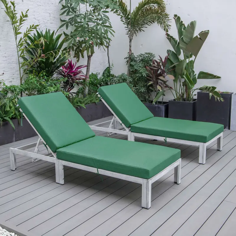 LeisureMod Chelsea Modern Outdoor White Chaise Lounge Chair With Cushions Set of 2