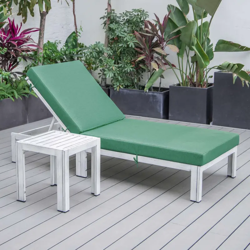 LeisureMod Chelsea Modern Outdoor White Chaise Lounge Chair With Side Table & Cushions