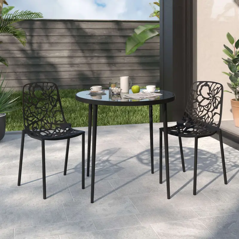 LeisureMod Devon Mid-Century Modern 3-Piece Aluminum Outdoor Patio Dining Set with Tempered Glass Top Table and 2 Stackable - DT20CBL