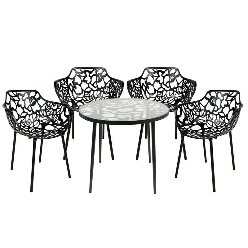 LeisureMod Devon Mid-Century Modern 5-Piece Aluminum Outdoor Patio Dining Set with Tempered Glass Top Table and 4 Stackable - DT31CABL4