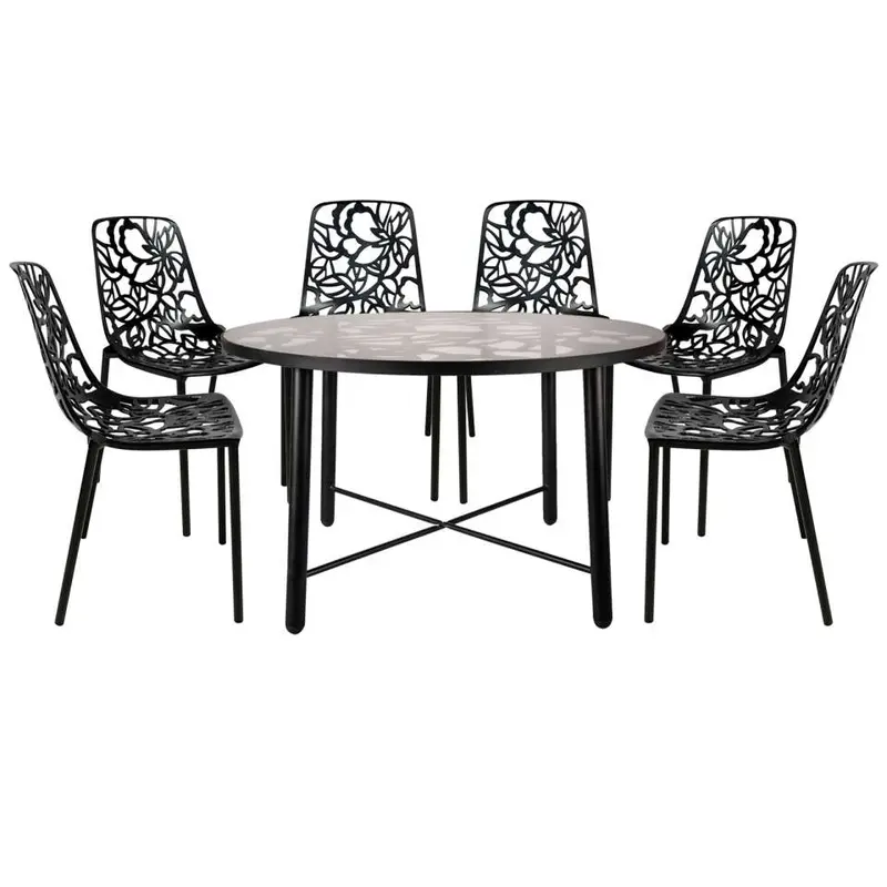 LeisureMod Devon Mid-Century Modern 7-Piece Aluminum Outdoor Patio Dining Set with Tempered Glass Top Table and 6 Stackable - DT48C6BL