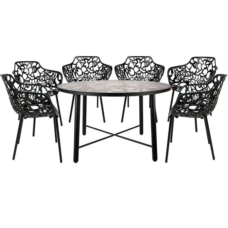LeisureMod Devon Mid-Century Modern 7-Piece Aluminum Outdoor Patio Dining Set with Tempered Glass Top Table and 6 Stackable - DT48CABL6