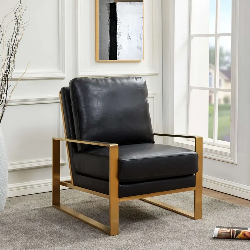 LeisureMod Jefferson Leather Modern Design Accent Armchair With Elegant Gold Frame