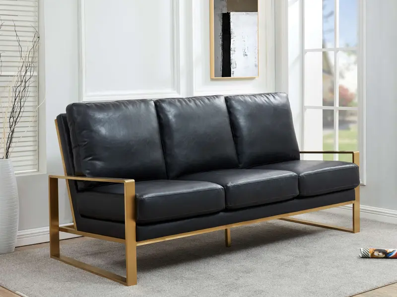 LeisureMod Jefferson Modern Design Leather Sofa With Gold Frame