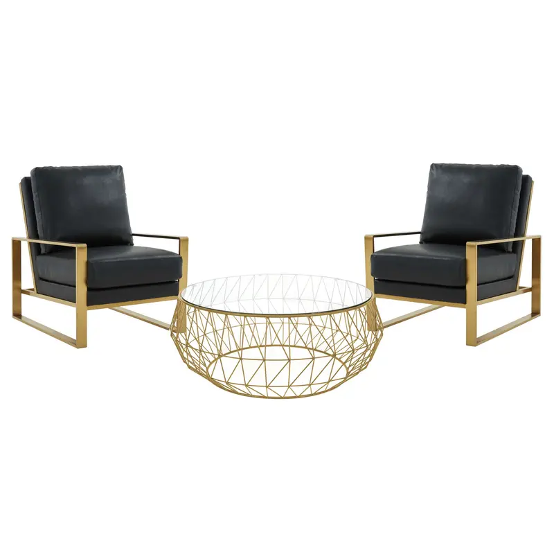 LeisureMod Jefferson Modern Leather Armchair with Gold Frame and Round Coffee Table with Glass Top and Metal Base