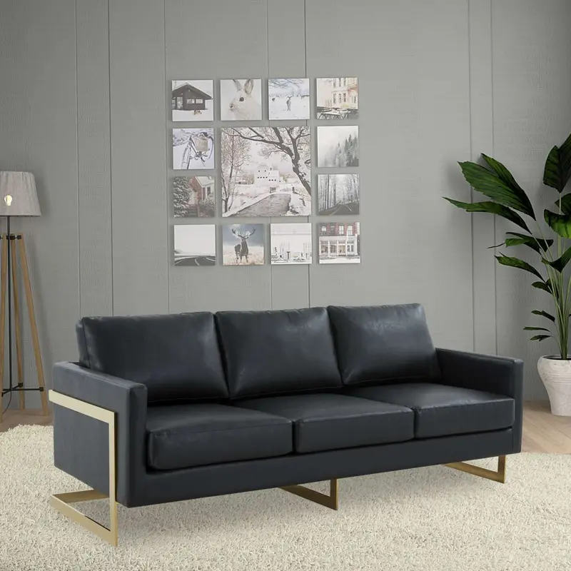 LeisureMod Lincoln Modern Mid-Century Upholstered Leather Sofa with Gold Frame