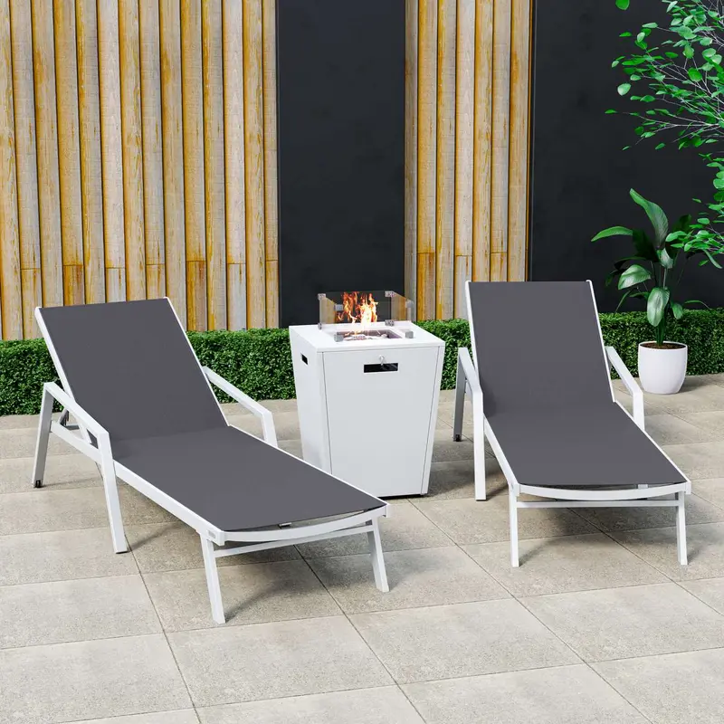 LeisureMod Marlin Patio Chaise Lounge Chair With Armrests in White Aluminum Frame, Set of 2