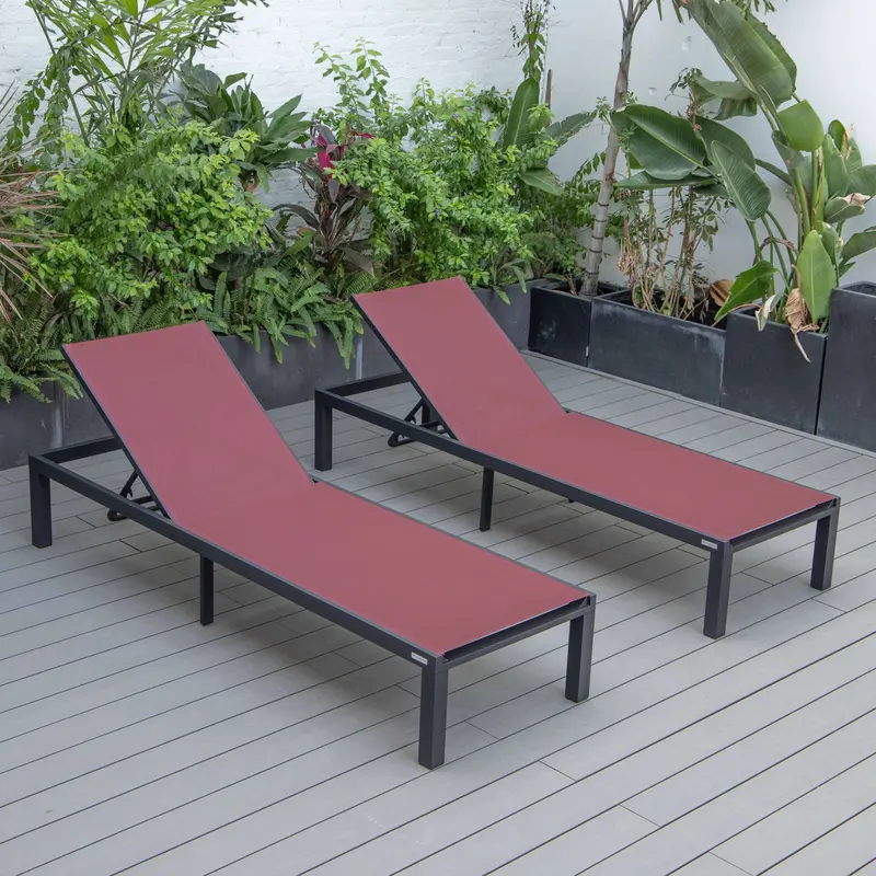 LeisureMod Marlin Patio Chaise Lounge Chair With Black Aluminum Frame, Set of 2