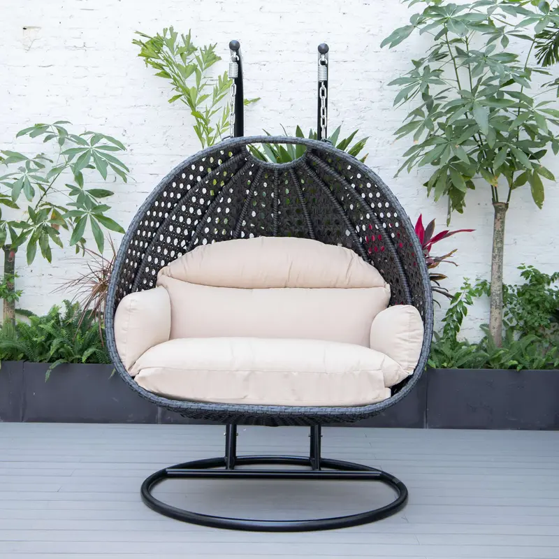 LeisureMod Mendoza Charcoal Wicker Hanging 2 person Egg Swing Chair
