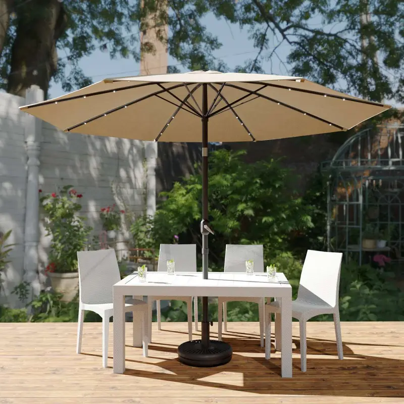 LeisureMod Sierra Modern 9 ft Steel Market Patio Umbrella With Solar Powerd LED & Tilt