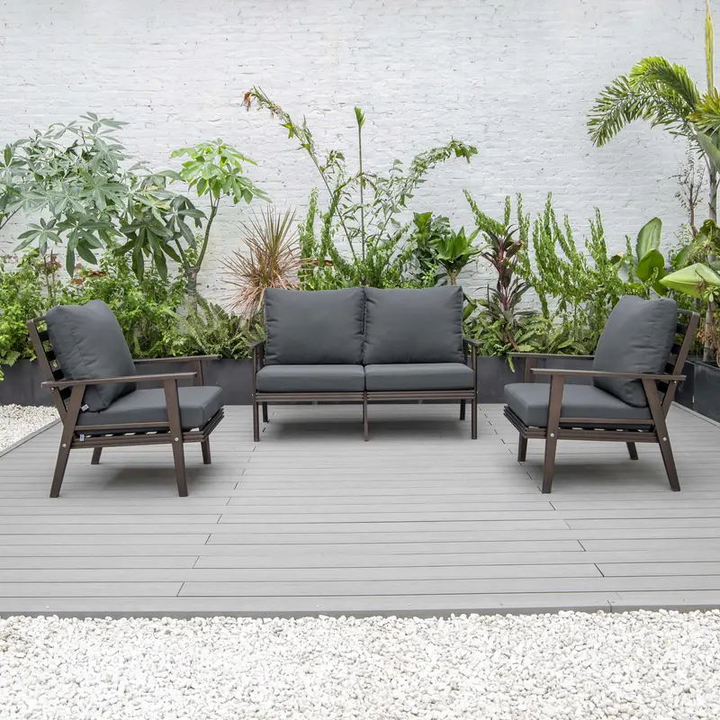 LeisureMod Walbrooke Modern 3-Piece Outdoor Patio Set with Brown Aluminum Frame