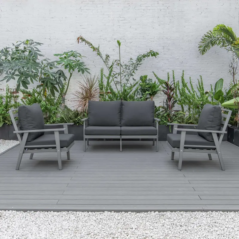 LeisureMod Walbrooke Modern 3-Piece Outdoor Patio Set with Grey Aluminum Frame
