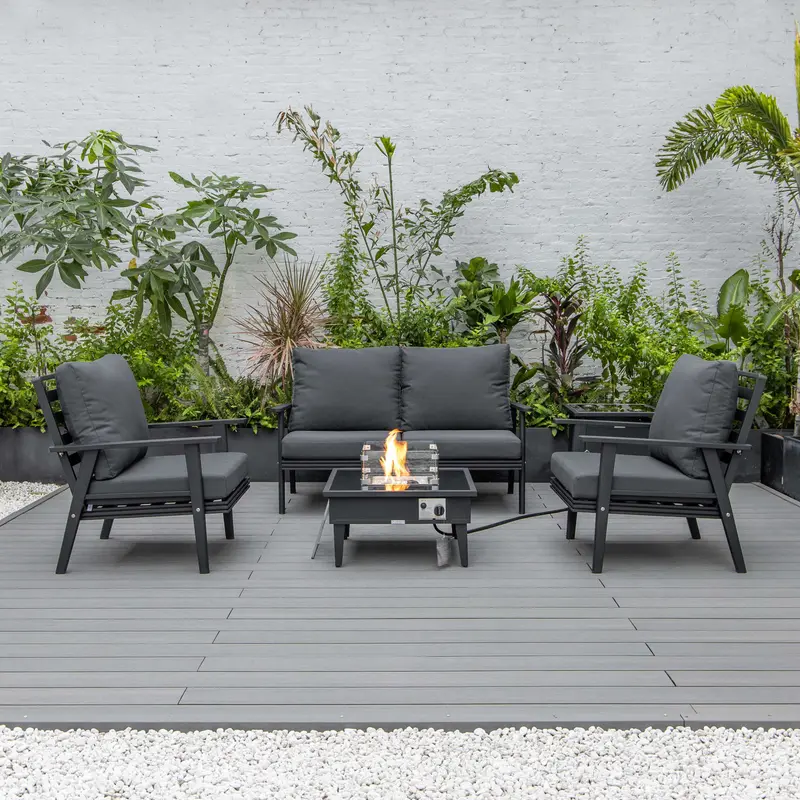 LeisureMod Walbrooke Modern Black Patio Conversation With Square Fire Pit & Tank Holder