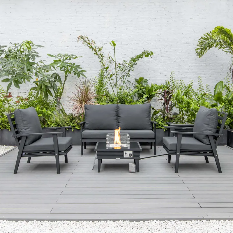 LeisureMod Walbrooke Modern Black Patio Conversation With Square Fire Pit With Slats Design & Tank Holder