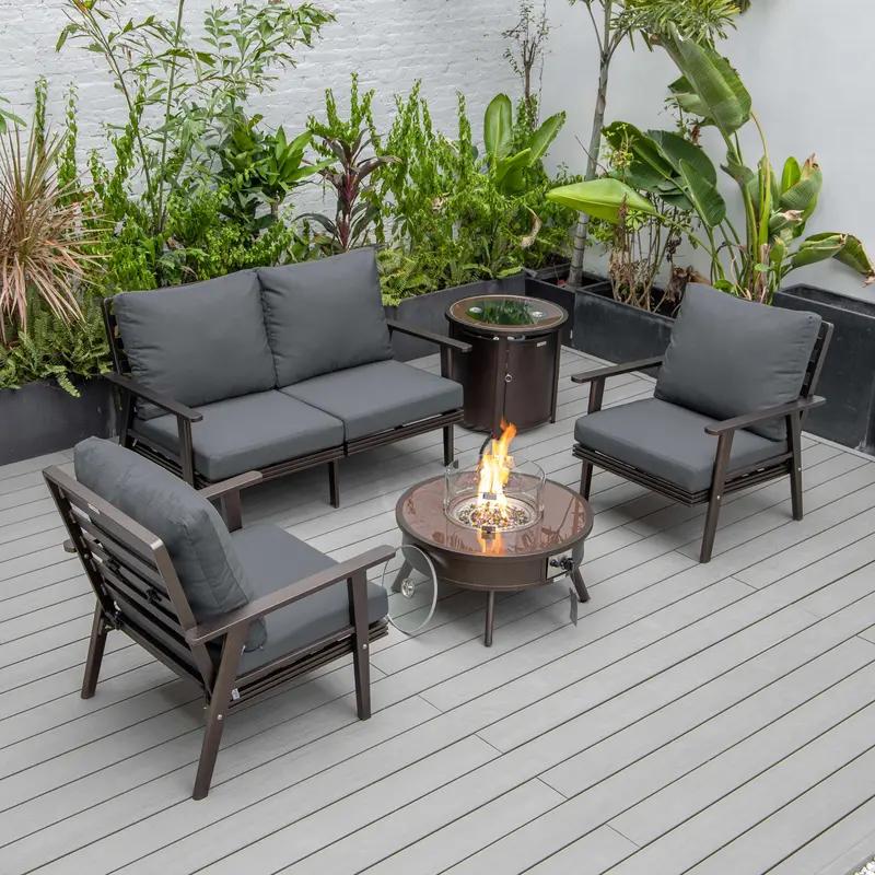 LeisureMod Walbrooke Modern Brown Patio Conversation With Round Fire Pit & Tank Holder