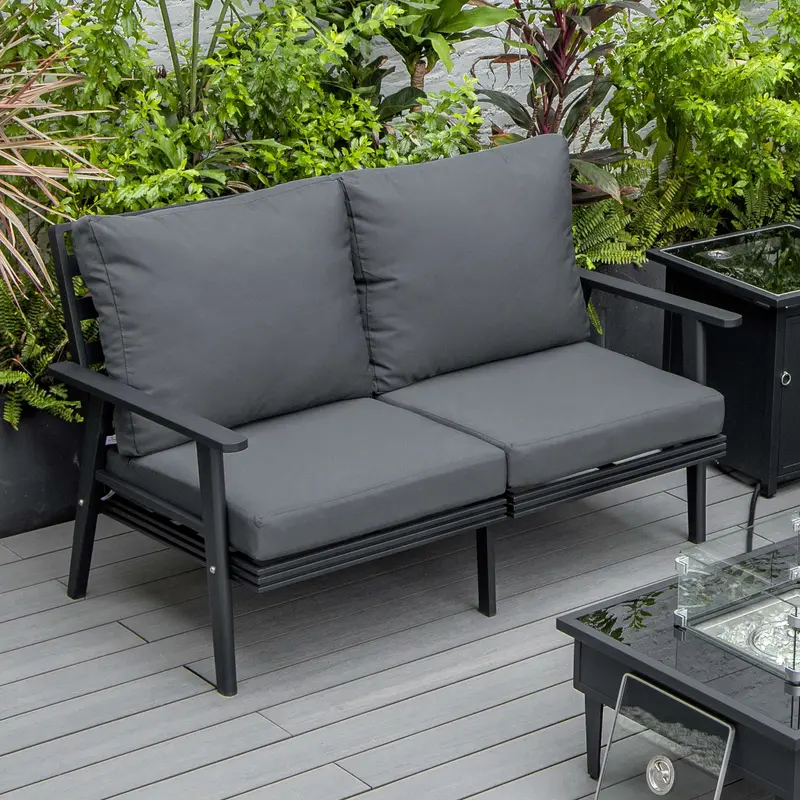 Leisuremod Walbrooke Modern Outdoor Patio Loveseat with Black Aluminum Frame and Removable Cushions For Patio and Backyard Garden