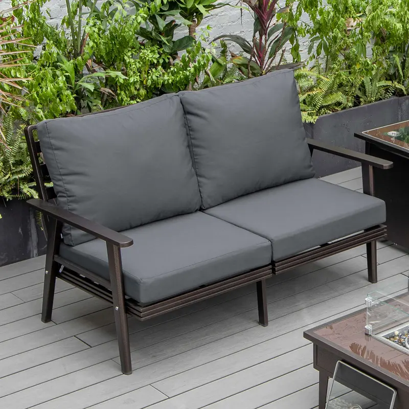 Leisuremod Walbrooke Modern Outdoor Patio Loveseat with Brown Aluminum Frame and Removable Cushions For Patio and Backyard Garden