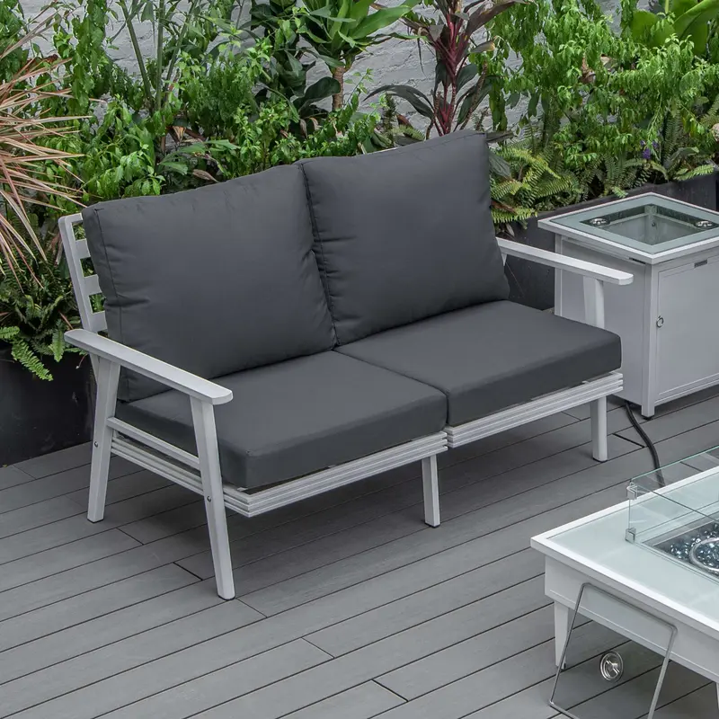 Leisuremod Walbrooke Modern Outdoor Patio Loveseat with White Aluminum Frame and Removable Cushions For Patio and Backyard Garden