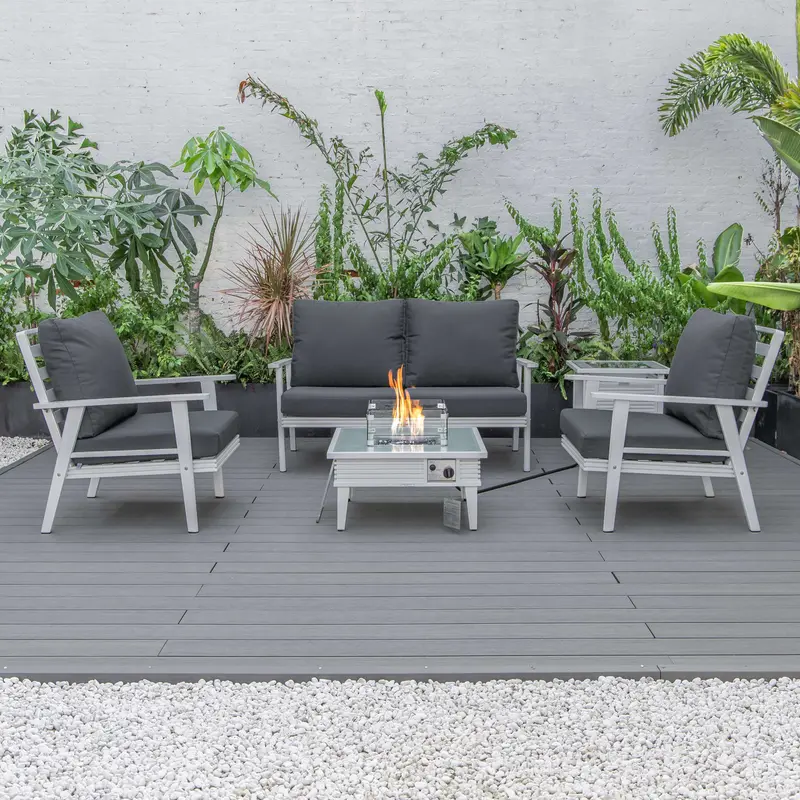 LeisureMod Walbrooke Modern White Patio Conversation With Square Fire Pit & Tank Holder
