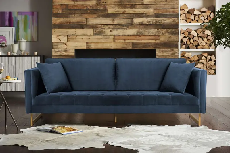 Lenox Blue Velvet Modern Sofa with Brass Legs By Armen Living