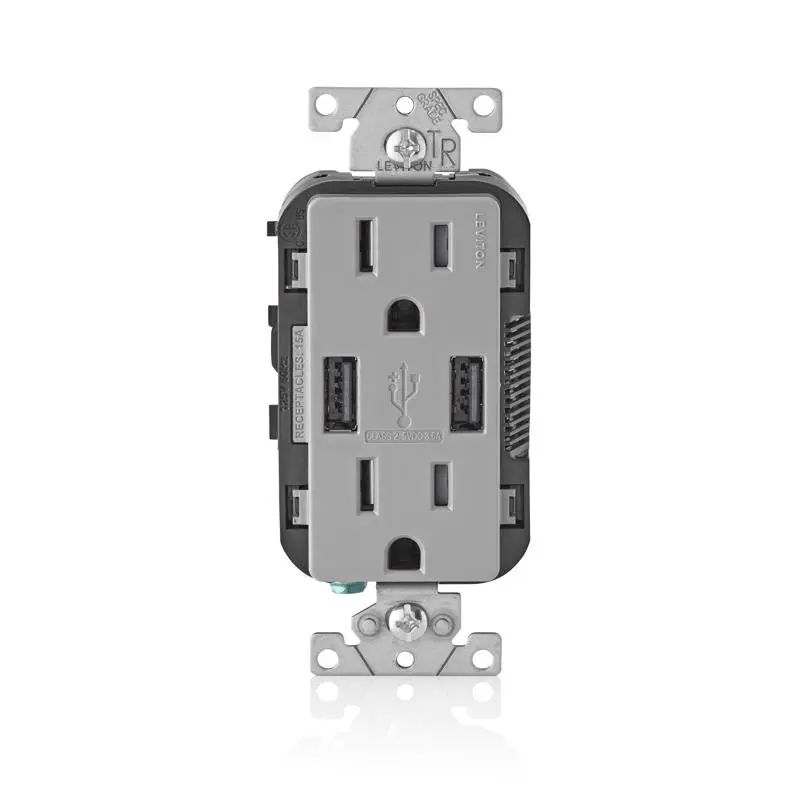 Leviton Decora 15 amps 125 V Gray Outlet and USB Charger 5-15R 1 pk - Open Box