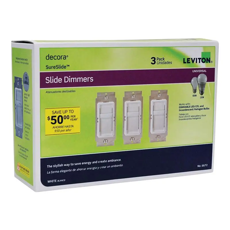 Leviton Decora SureSlide White 600 W Slide Dimmer Switch 3 pk - Open Box