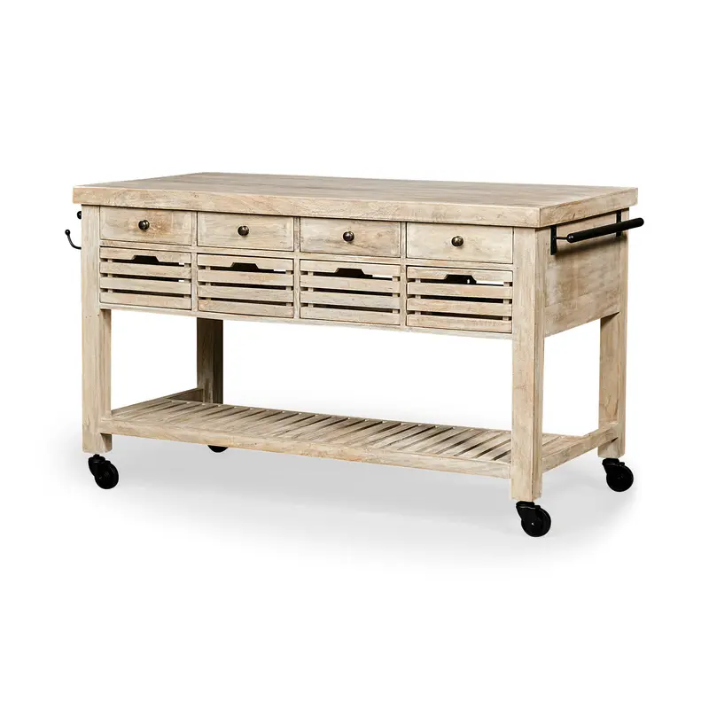 Light Brown Body Kitchen Island With Black Iron Knobs Rolling By Homeroots