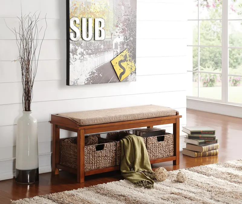 Light Brown Microfiber And Walnut Bench With Storage By Homeroots