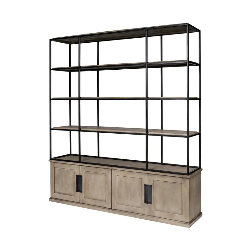 Light Brown Wood and Iron Shelving Unit with 3 Shelves By Homeroots - 380591