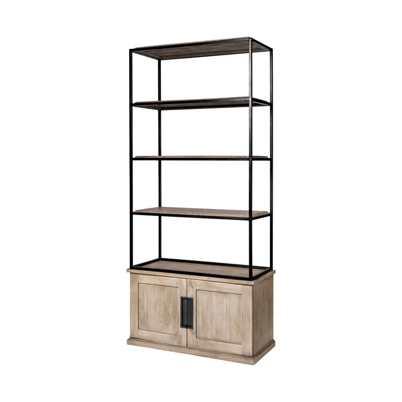 Light Brown Wood and Iron Shelving Unit with 3 Shelves By Homeroots - 380594