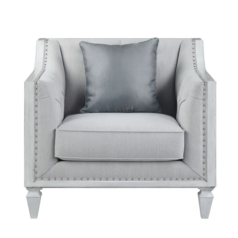 Light Gray and Brown Linen Tufted Distressed Club Chair And Toss Pillow By Homeroots