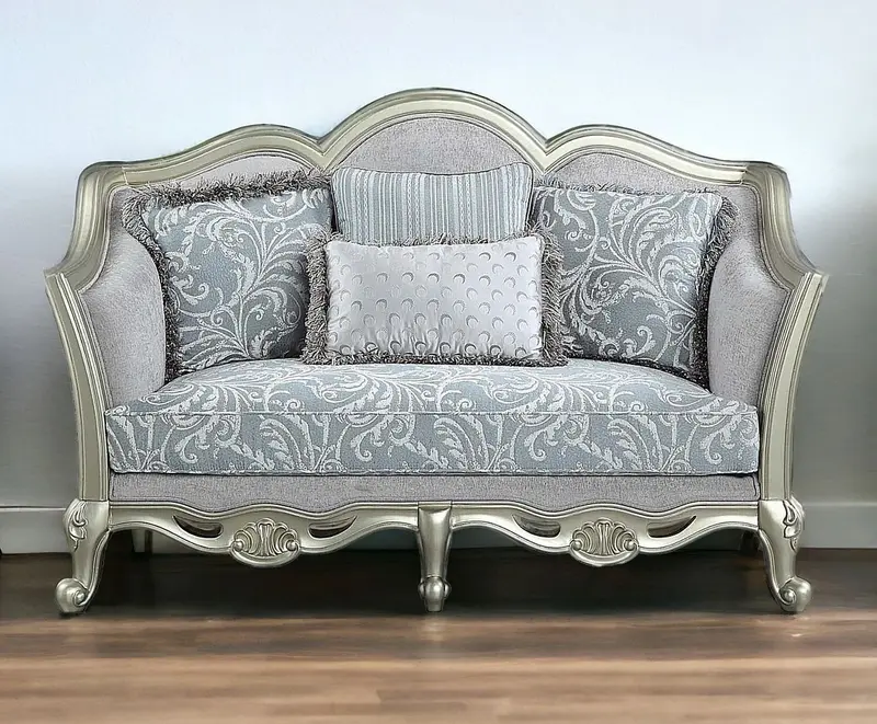 Light Gray And Champagne Linen Damask Loveseat and Toss Pillows By Homeroots