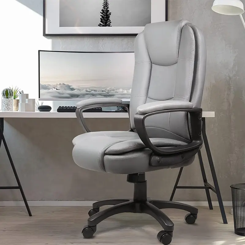 Light Gray Leather Executive Chair with Lumbar Support By Homeroots