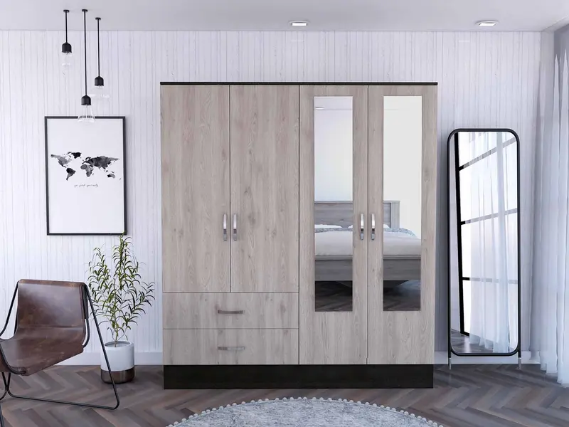 Light Oak and Black Four Door Wardrobe Closet with Mirrors By Homeroots
