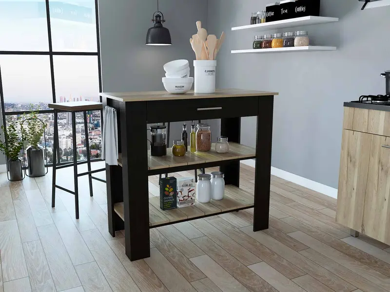 Light Oak and Black Kitchen Island with Drawer and Two Open Shelves By Homeroots