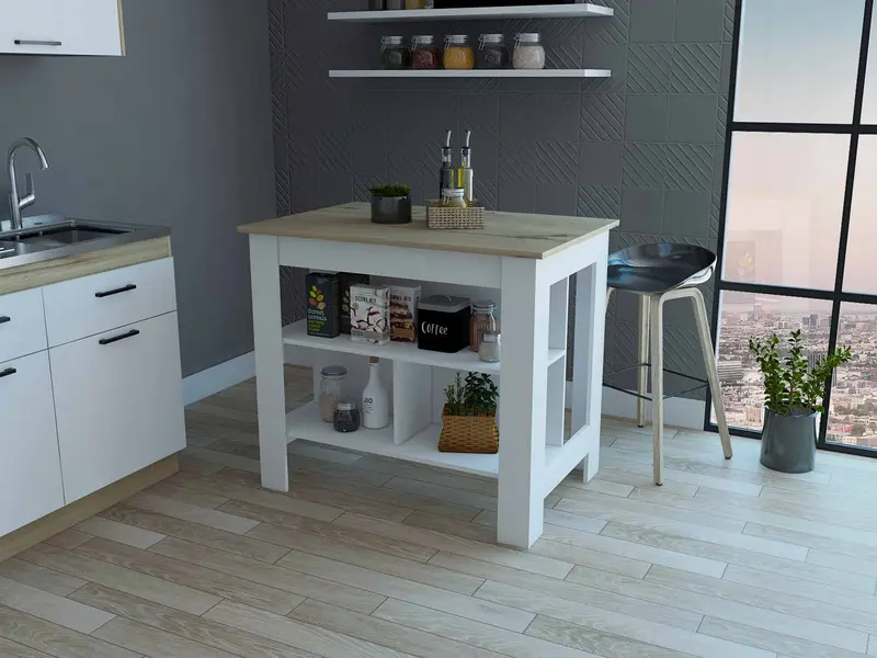 Light Oak and White Kitchen Island with Three Storage Shelves By Homeroots