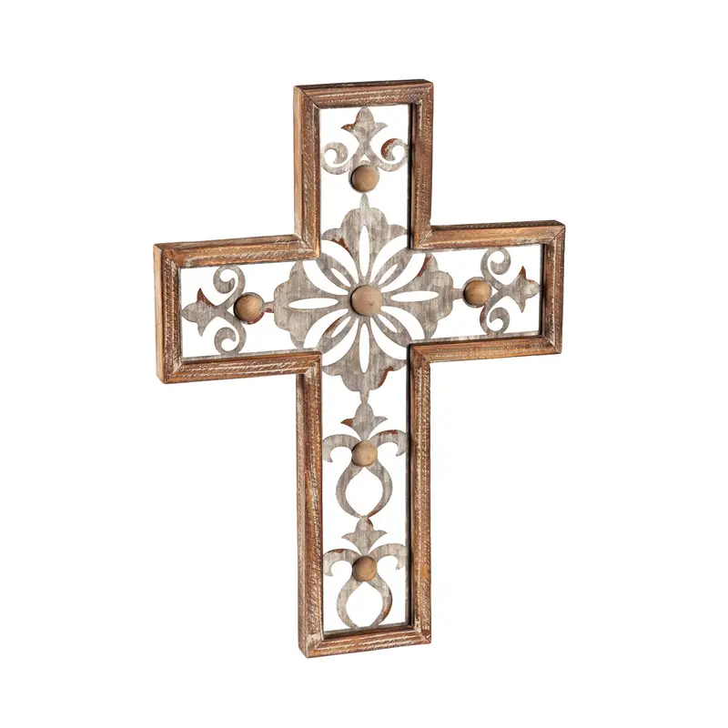 Light Wood Wall Cross with Metal Inlay Accents,6awd751