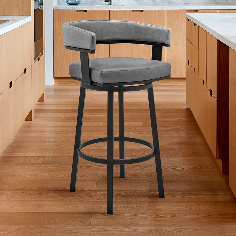 Lorin 26" Counter Height Swivel Bar Stool in Black Finish and Gray Faux Leather By Armen Living