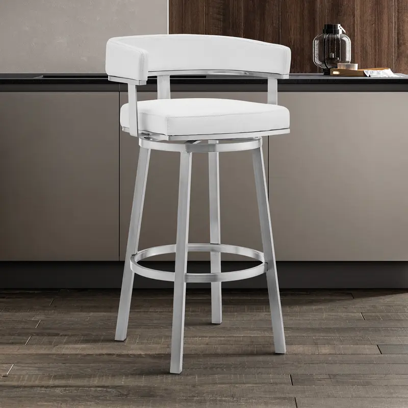 Lorin 26" White Faux Leather and Brushed Stainless Steel Swivel Bar Stool By Armen Living