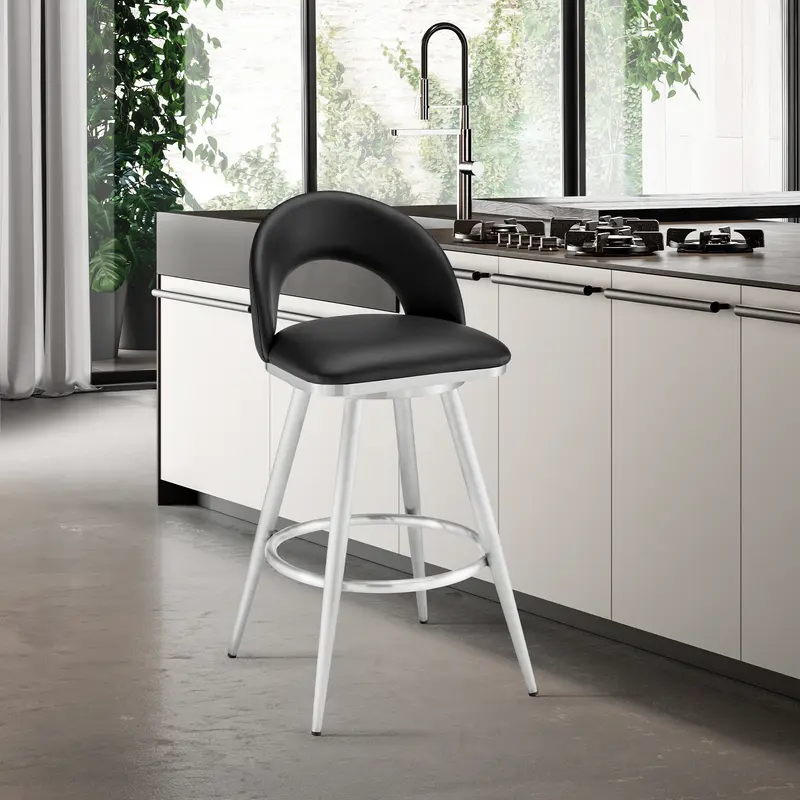 Lottech Swivel Counter Stool in Brushed Stainless Steel and Black Faux Leather By Armen Living
