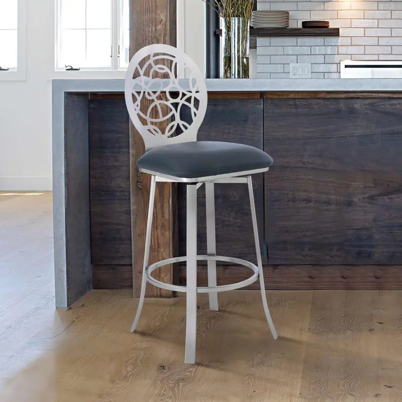 Lotus Contemporary 26" Counter Height Barstool in Brushed Stainless Steel Finish and Gray Faux Leather By Armen Living