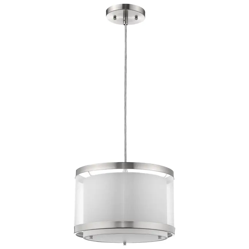Lux 1-Light Brushed Nickel Pendant With Metal Trimmed Sheer Snow Shantung Two Tier Shade By Homeroots