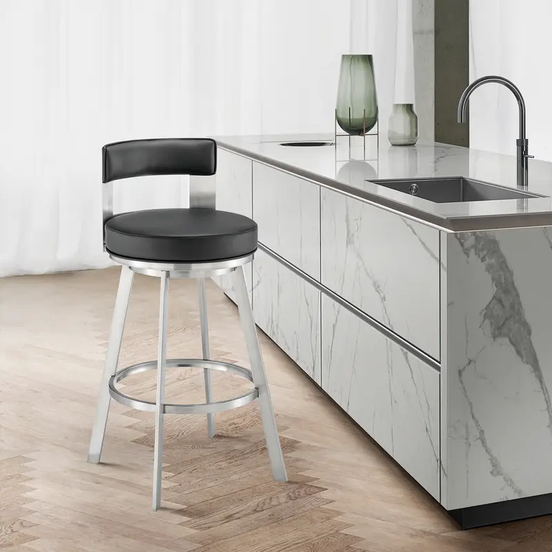 Lynof Swivel Counter Stool in Brushed Stainless Steel with Black Faux Leather By Armen Living