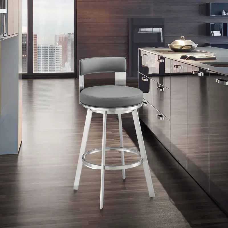 Lynof Swivel Counter Stool in Silver Metal with Grey Faux Leather By Armen Living