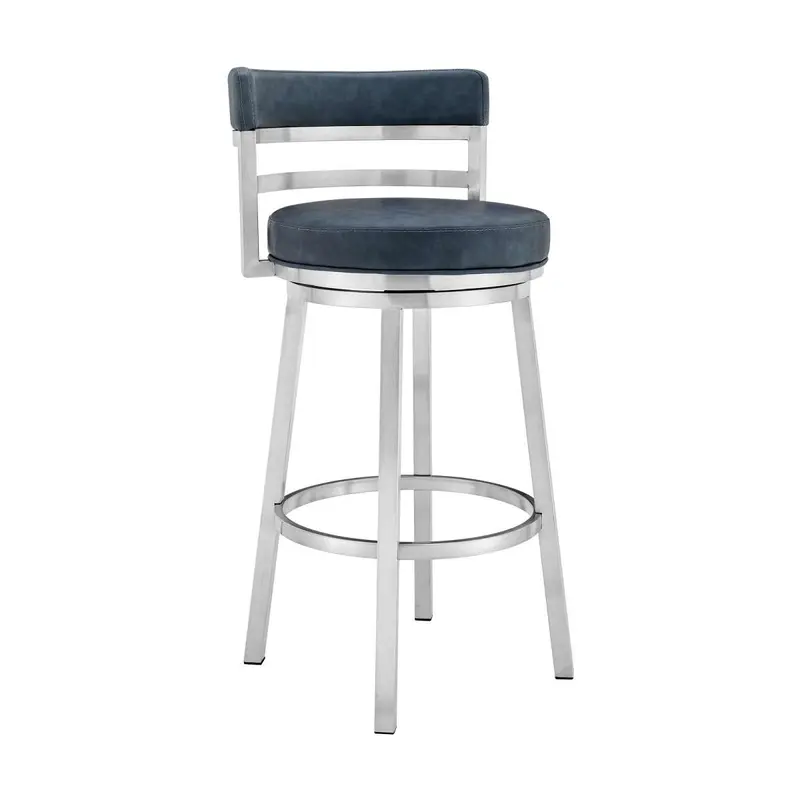 Madrid 26" Counter Height Swivel Blue Faux Leather and Brushed Stainless Steel Bar Stool By Armen Living