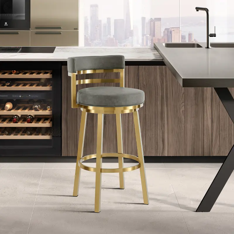 Madrid 26" Swivel Counter Stool with Gold Brushed Stainless Steel and Vintage Gray Faux Leather By Armen Living